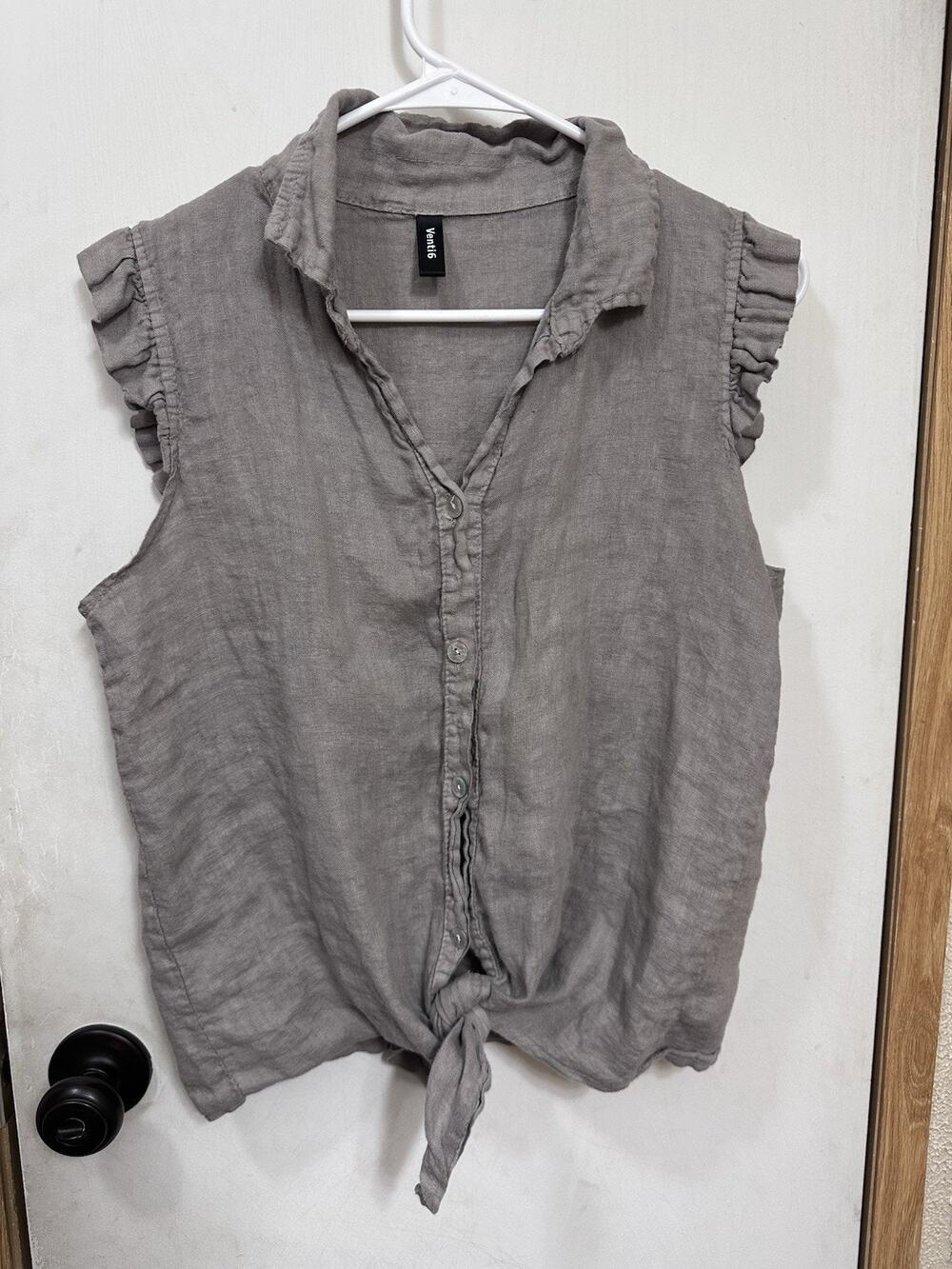 Venti6 Women's Gray Ruff Trim Linen Sleeveless Button-Up Tie Front Blouse SZ S